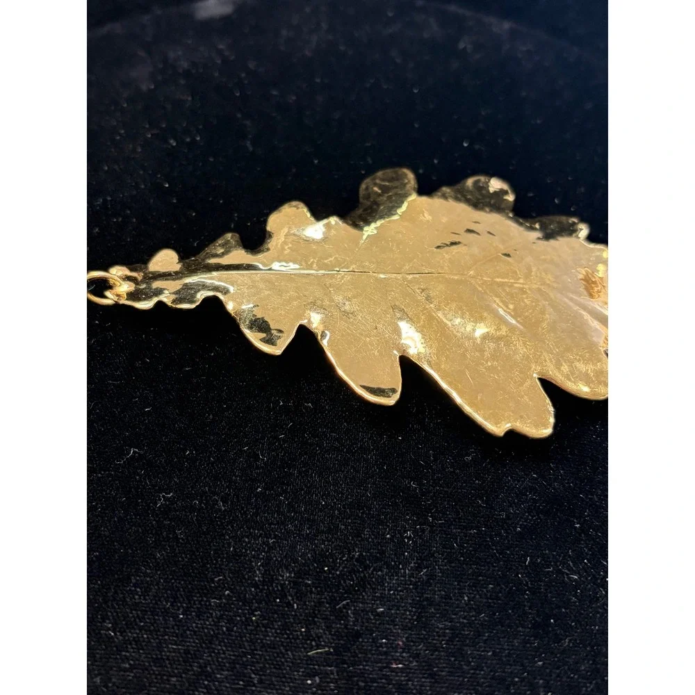 Vintage Gold Tone Large Oak Leaf Pendant Textured Nature Statement Jewelry